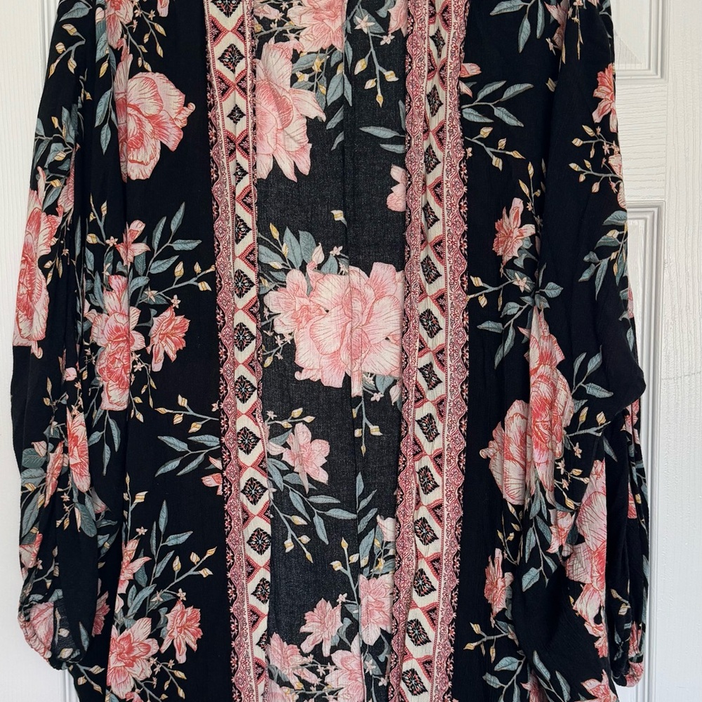 Billabong Black Floral Kimono with Pink Blossoms